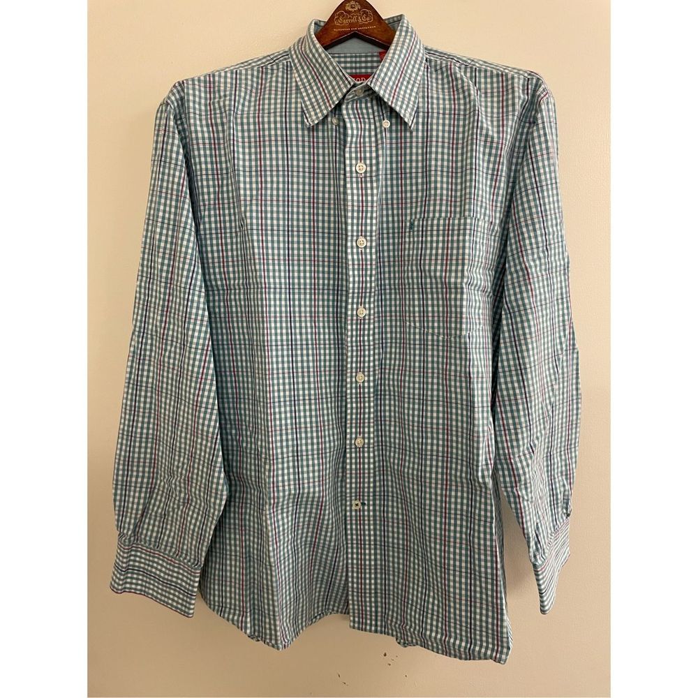Mens Large Plaid Button Shirt- IZOD -Green/White Long Sleeve